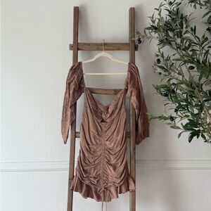 Off Shoulder Brown Ruched Mini Dress